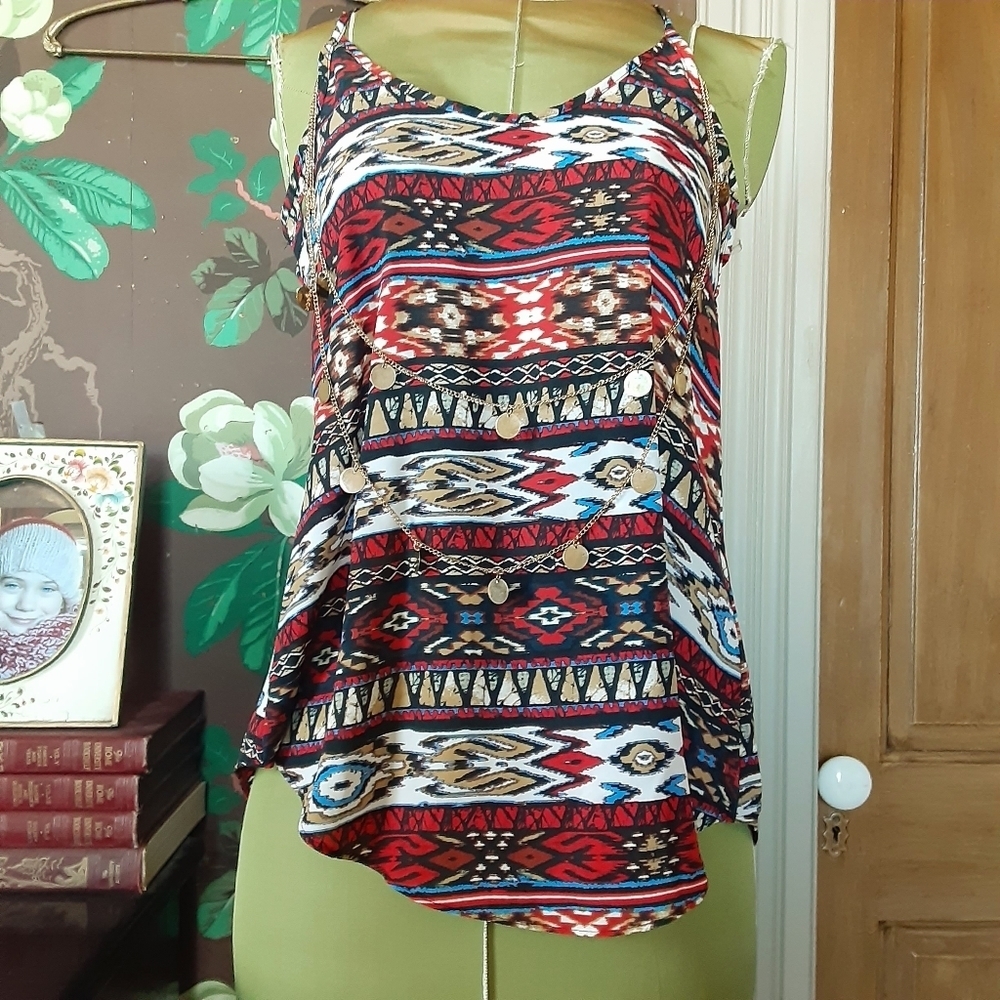 BCX Sleeveless Boho Print Top with Necklace Size XS